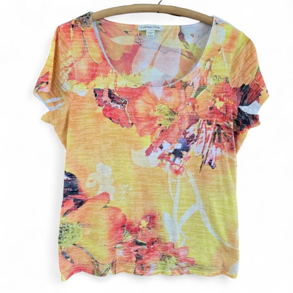 Coldwater Creek Floral Print Lightweight Short Sleeve Top Yellow/Orange M 10/12